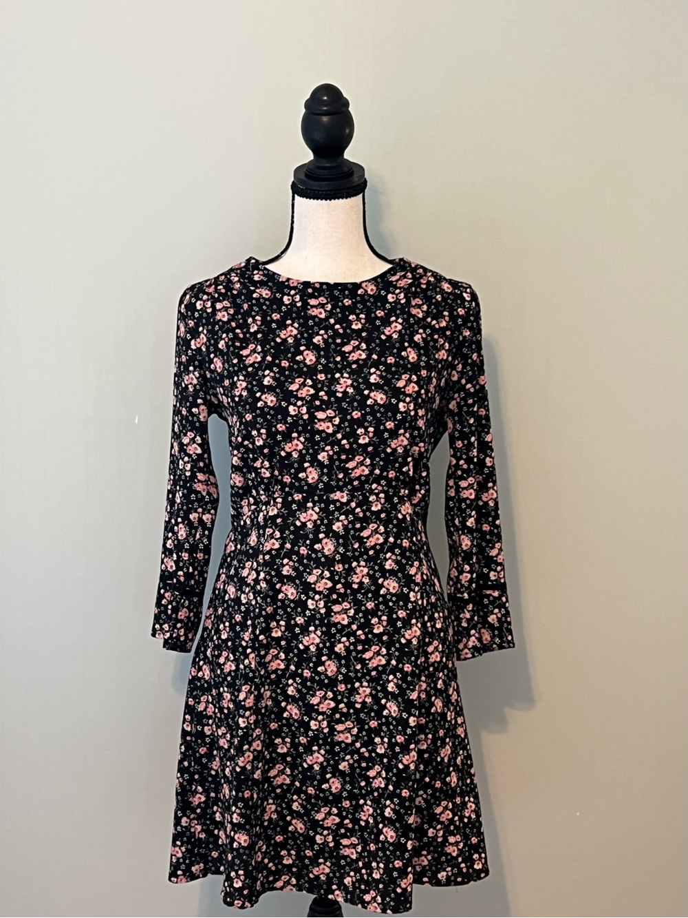 H&M Black Long-Sleeve Floral A-Line Mini Dress with Pink Blossoms